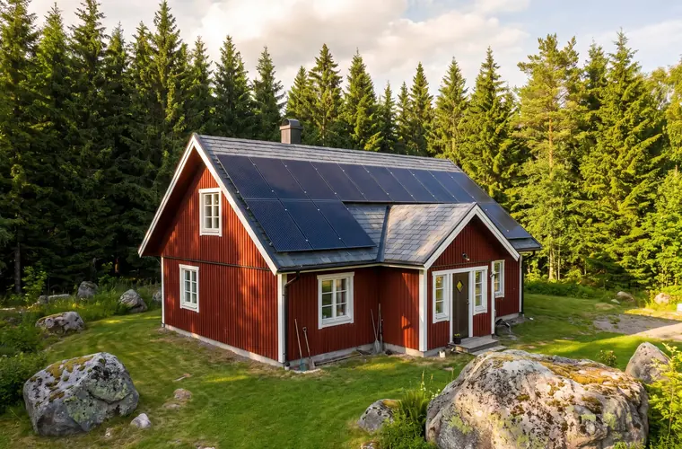 Rött trähus i Småland med solceller på taket, granskog och en sjö i bakgrunden